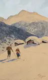 Skifahrer im Gebirge by Carlo Pellegrini, watercolor, sold Mar 2018