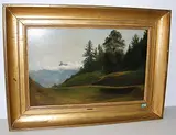 Bewaldete Anhöhe mit Blick auf ein Bergmassiv by Charles Louis Guigon, oil, sold Mar 2018