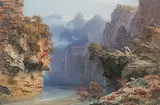Hochgebirgslandschaft mit von steilen Felsen umschlossenem Gewässer by Carlo Bossoli, gouache, sold Dec 2017