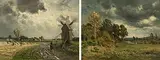 Gegenstücke: Landschaft mit Birke vor dem Gewitter / Mühle vor dem Gewitter by Karl Buchholz, 1886, oil on canvas, sold Dec 2017