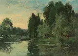 Flusslandschaft mit Boot by Alexandre René Veron, oil on panel, sold Dec 2017