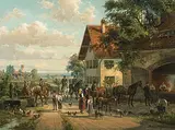 Reitergruppe vor einem Bauernhof by Hubert Kaplan, oil on canvas, sold Dec 2017