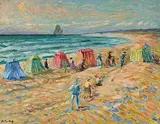 Plage animée à Soulac by Nicolas Tarkhov, oil on canvas, sold Dec 2017