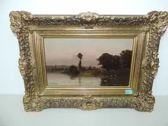 Flusslandschaft bei Abendstimmung by Jacques-Henry Delpy, oil, sold Dec 2017