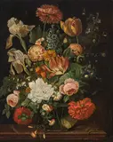 Stilleben mit Tulpen, Schwertlilien und Rosen by Franz Xaver Pieler, oil on panel, sold Dec 2017
