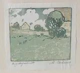 Landschaft mit Bäumen und Bauernhaus by Cläre Neuhaus-Nissen, color woodcut, offered Dec 2017