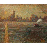 New York Skyline at Sunset by Roy C. Kneeland, oil on board, sold Aug 2023