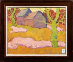 Untitled (Green Trees) by Viktor Templin, oil on board, sold Jul 2023