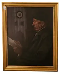 portrait of elderly gentleman reading paper by G.T. Stoskopf, 1925, oil on canvas, sold Jul 2026