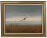flock of Canada Geese in landing by Hank Walker, oil on canvas, sold Jul 2026