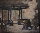 Street Scene Under an Elevated Train by Isabel Moncayo Johnson, 1940s, Oil on Canvas, sold Jan 2025