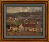 Village Scene by Manville Chapman, Oil on Wood Board, sold Jan 2025