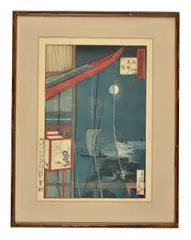 A woodblock print in inks on paper from his series One Hundred Views of Musashi, being "The Moon seen beyond at Shinagawa by Kobayashi Kiyochika, print, sold Nov 2020