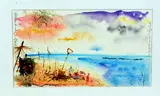 a watercolour and mixed media painting of a beach scene, by Mike Thomas Munroe 'dig You Varmints', watercolour and mixed, sold Feb 2018