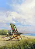 'BEACH CHAIRS', an original oil painting of a beach scene, signed on the front by Clive Madgwick, oil, sold Feb 2018