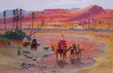 Orientalist scene with a caravan crossing a river at sunset by Frederick Arthur Bridgman, Oil on panel, offered Dec 2016
