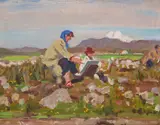 Women sketching en plein air Signed with initials by Alfred Egerton Cooper, Oil on canvasboard, sold Dec 2016