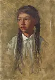 Portrait of a girl with plaits Signed and dated '66 Oil on by Omer van Vosselen, oil, sold Dec 2016