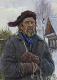 Portrait of a peasant in winter, 1995 Signed Oil on canvas 40.5 x 30.5cm Provenance: From the collection of John Newall Esq by Leonid Milovanov, Oil on canvas, offered Dec 2016