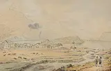 Village et le lac de Sils regardant contre le mont Margna by Johann Jakob Meyer, watercolor, sold Dec 2017