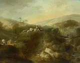 Hügelige Bachlandschaft mit Bauern und Vieh by Heinrich Wüest, oil on panel, sold Dec 2017