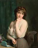 In Gedanken versunkene, junge Frau mit den Präsenten eines Verehrers by Fritz Zuber-Buhler, oil on canvas, sold Dec 2017
