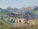Bauernhäuser bei Poschiavo by Rodolfo Olgiati, oil on panel, sold Dec 2017