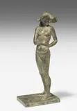 Stehendes Mädchen im Bikini mit Sonnenhut by Rolf Brem, bronze, sold Dec 2017