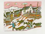 Dorfbild mit Schafen by Alois Carigiet, 1974, color lithograph, sold Dec 2017
