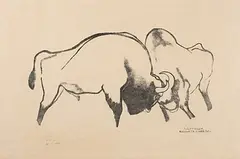 Büffelkampf by Robert Hainard, 1956, woodcut, sold Dec 2017
