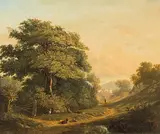 Blick von einer Anhöhe, durch eine Waldschneise, auf die Kirchtürme einer Stadt by Jean Philippe George, oil on canvas, offered Dec 2017