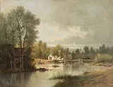 Flusslandschaft mit Brücke by Antoine Chintreuil, oil on panel, sold Sep 2017