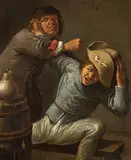 Kopie Zwei sich raufende Bauern am Fass by Adriaen Brouwer, oil on copper, sold Sep 2017