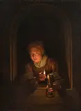 Kopie Junge Frau mit einer Lampe by Gerrit Dou, oil on panel, sold Sep 2017