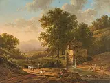 Hirten und Wäscherinnen vor einer Mühle in einer Landschaft by Victor de Grailly, oil on canvas, sold Sep 2017