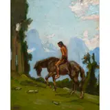 Indian on Horseback by Cario Wostry, oil on canvas affixed to board, sold Nov 2023
