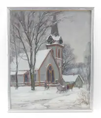 Vermont winter landscape with horse-drawn sleigh in front of church by Thomas R. Curtin, oil on canvas, sold Aug 2026