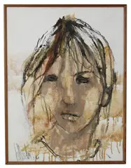 modernist portrait featuring expressive brushwork by Gino Hollander, oil and watercolor on canvas, sold Aug 2026