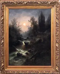 Moonlit River Landscape Scene by Albert Rieger, Oil on Canvas, sold Feb 2025