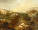 Hügelige Bachlandschaft mit Bauern und Vieh by Heinrich Wüest, oil on panel, offered Sep 2017