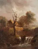 Flusslandschaft mit Bauernhaus und Staffage, 1846 by Ulrich, Johann Jakob Ii., oil on panel, sold Sep 2017