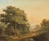 Blick von einer Anhöhe, durch eine Waldschneise, auf die Kirchtürme einer Stadt by Jean Philippe George, oil on canvas, offered Sep 2017