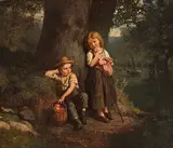 Zwei Kinder unter einem Baum am Waldrand by Joseph Geisser, oil on canvas, sold Sep 2017
