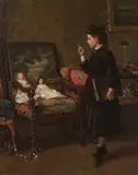 Schön brav sein, solange ich weg bin by Benjamin d.Ae. Vautier, oil on panel, sold Sep 2017