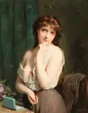 In Gedanken versunkene, junge Frau mit den Präsenten eines Verehrers by Fritz Zuber-Buhler, oil on canvas, offered Sep 2017
