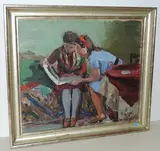 Zwei Mädchen beim Betrachten eines Fotoalbums by Georges Dessouslavy, oil on board, sold Sep 2017