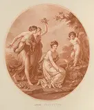 Amor plectitur (Eine Dame, assistiert von zwei Nymphen, bricht den Bogen des gefesselten Amors) by Angelica Kauffmann, etching, offered Jun 2017