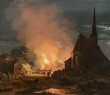 Nächtliches Feuer neben der Kirche in Ramsau by Heinrich Bürkel, 1826, oil on panel, offered Jun 2017