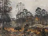 Waldlandschaft mit Elch und Wölfen by Lindorm Liljefors, 1938, oil on canvas, sold Jun 2017