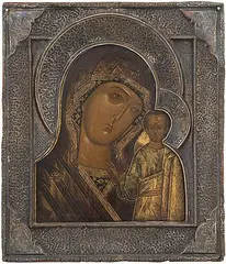 Russisch, Ende 18.Jh by Gottesmutter von Kasan mit Silberbasma, tempera, sold Jun 2017